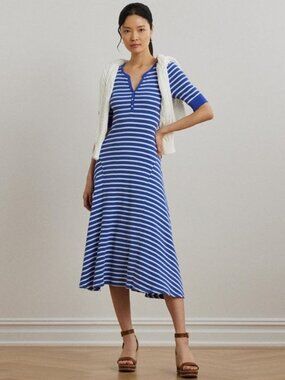 $289 Lauren Ralph Lauren Striped Waffle-Knit Cotton Henley Dress Size M